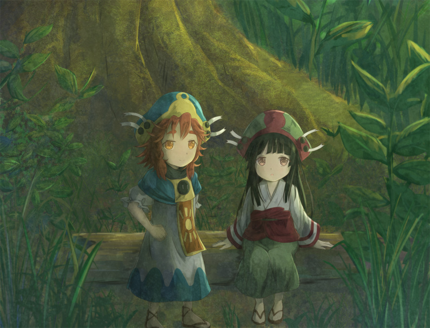 2girls bangs black_hair brown_eyes brown_hair closed_mouth commentary day eyebrows_visible_through_hair grass green_skirt hakumei_(hakumei_to_mikochi) hakumei_to_mikochi hand_on_hip hat hikari_niji japanese_clothes kimono long_hair long_sleeves mikochi_(hakumei_to_mikochi) minigirl multicolored multicolored_clothes multicolored_hat multiple_girls outdoors puffy_short_sleeves puffy_sleeves robe short_kimono short_sleeves sitting skirt smile standing thick_eyebrows tree very_long_hair white_kimono white_robe wide_sleeves