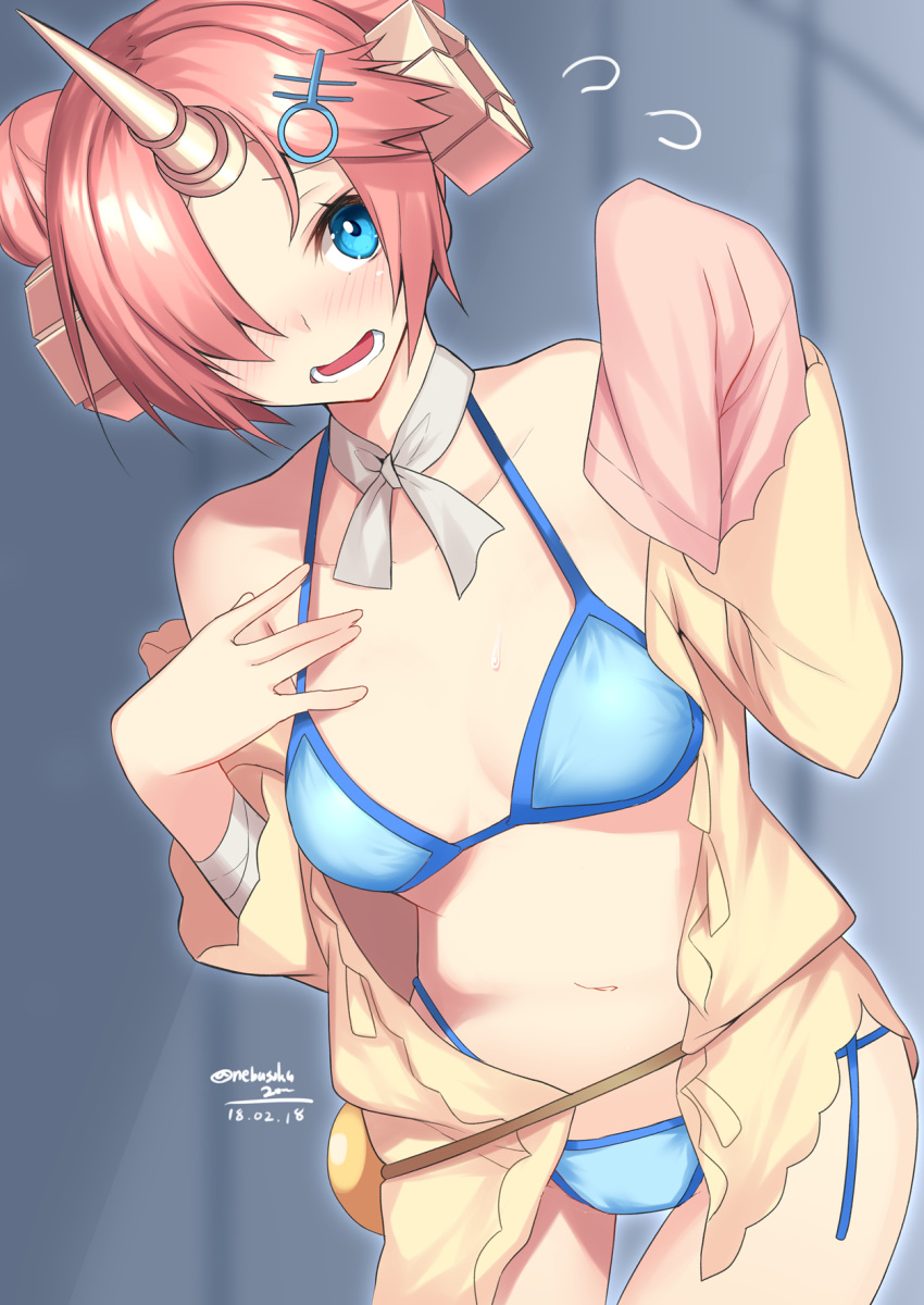 1girl bandage bangs bikini blue_bikini blue_eyes blush breasts cowboy_shot dated double_bun fate/grand_order fate_(series) flying_sweatdrops frankenstein's_monster_(swimsuit_saber)_(fate) hair_ornament hand_on_own_chest hands_up highres holding horns looking_at_viewer navel nebusoku open_mouth parted_bangs pink_hair short_hair sleeve_over_hand small_breasts solo swimsuit teeth twitter_username
