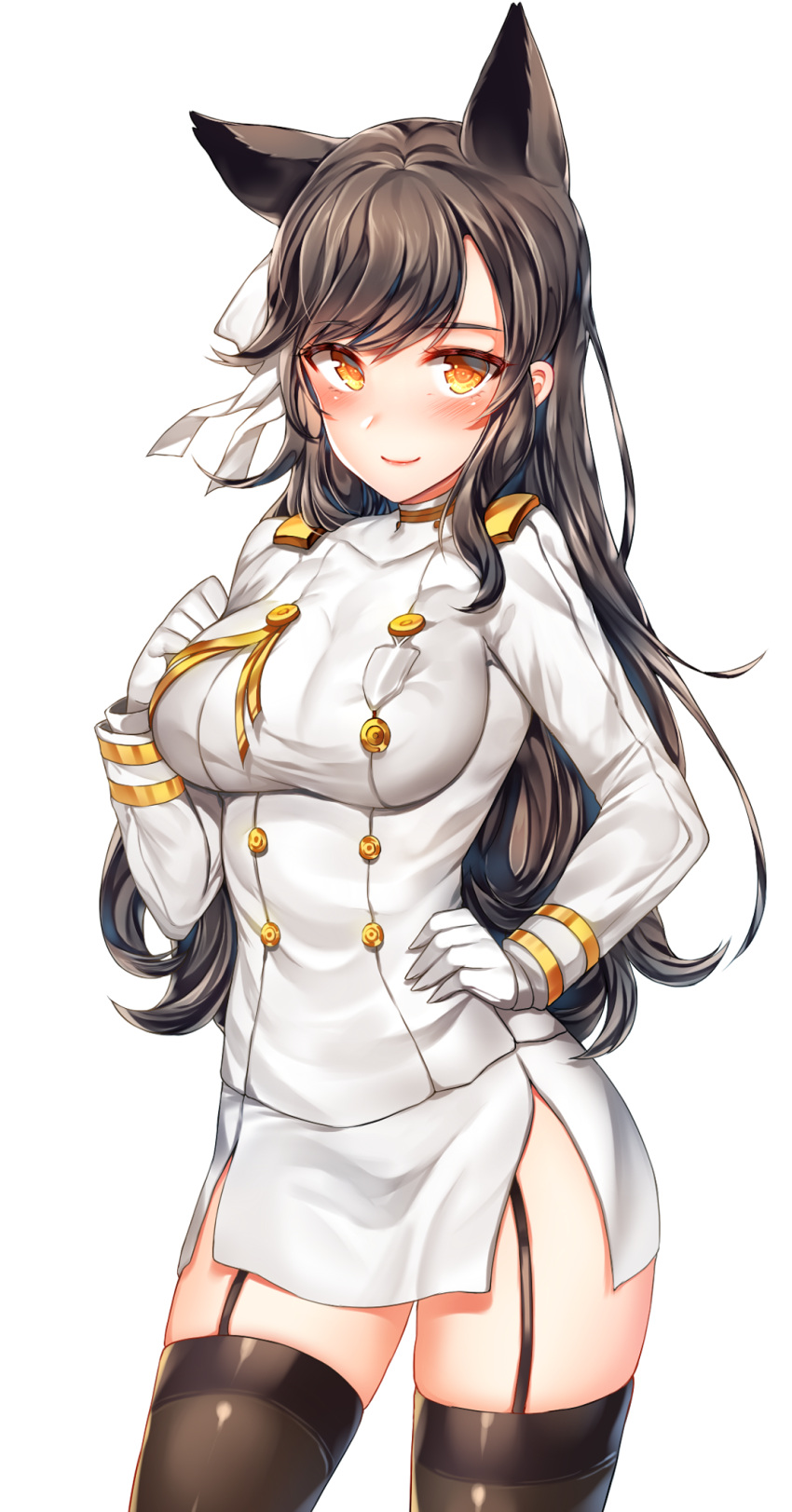 1girl animal_ears atago_(azur_lane) azur_lane bangs black_hair black_legwear blush breasts buttons closed_mouth commentary_request garter_straps gloves hair_ribbon hand_on_hip hand_on_own_hip highres large_breasts long_hair long_sleeves military military_uniform orange_eyes painteen ribbon side_slit simple_background smile solo standing thigh-highs uniform white_background white_gloves