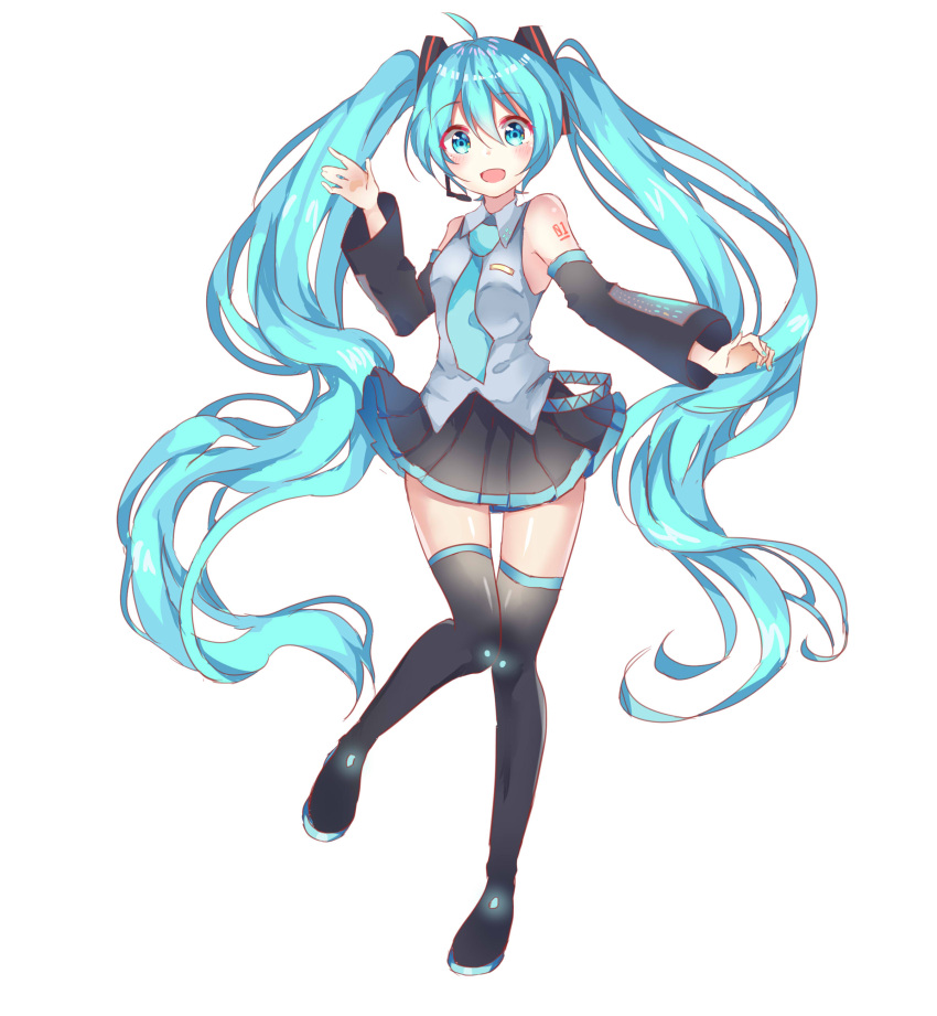 1girl absurdres ahoge aqua_eyes aqua_hair boots detached_sleeves full_body hair_between_eyes hatsune_miku headset highres long_hair looking_at_viewer necktie open_mouth simple_background skirt solo thigh-highs thigh_boots thigh_gap twintails very_long_hair vocaloid white_background