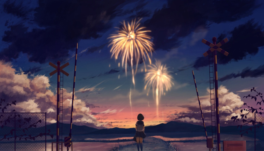 1girl black_hair clouds facing_away fence fireworks hill kyarage_(soda) original outdoors railroad_crossing road scenery school_uniform serafuku short_hair skirt solo standing summer sunset