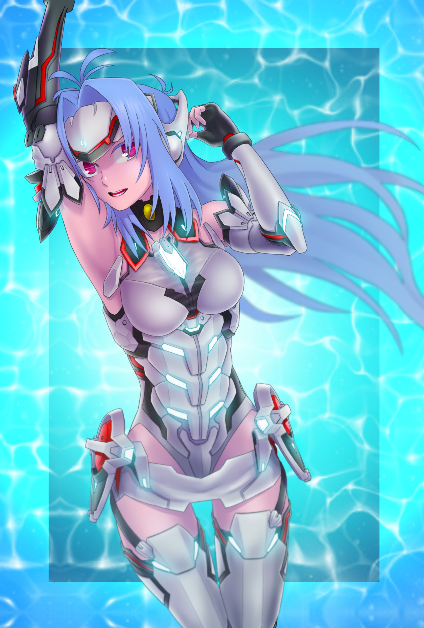 1girl absurdres android artist_request bare_shoulders blue_hair breasts elbow_gloves expressionless forehead_protector gloves highres kos-mos kos-mos_re: large_breasts leotard long_hair looking_at_viewer red_eyes solo thigh-highs very_long_hair white_leotard xenoblade xenoblade_2 xenosaga