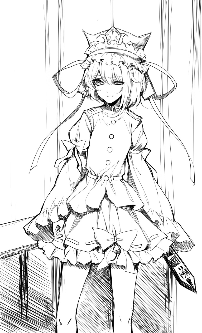 1girl absurdres bow commentary_request dress eyebrows_visible_through_hair feet_out_of_frame gachimuchi hat highres holding juliet_sleeves long_sleeves monochrome petticoat puffy_sleeves rod_of_remorse sheya shiki_eiki short_hair sketch solo standing touhou vest wide_sleeves