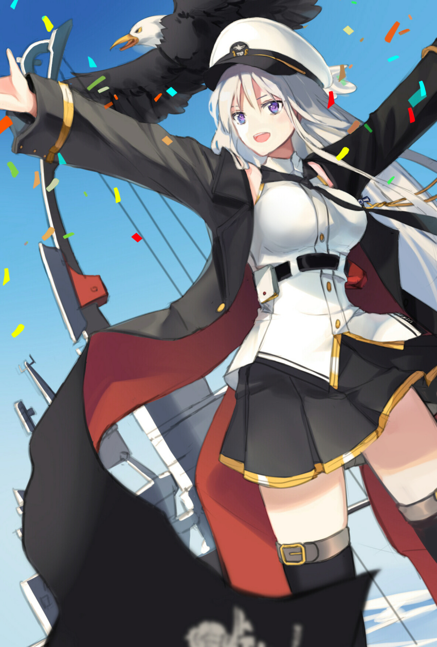 azur_lane bald_eagle bird black_belt black_coat black_neckwear blue_sky bow_(weapon) coat collared_shirt confetti cowboy_shot eagle enterprise_(azur_lane) hat highres military miniskirt necktie open_clothes open_coat open_mouth peaked_cap shirt silver_hair skirt sky sleeveless sleeveless_shirt underbust violet_eyes weapon white_hat yhyh