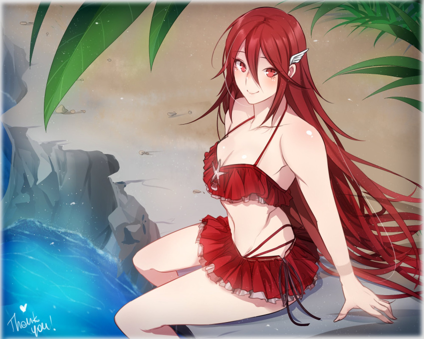 1girl bare_shoulders bikini bikini_skirt blush breasts cleavage commentary fire_emblem fire_emblem:_kakusei frills hair_ornament highres long_hair looking looking_at_viewer medium_breasts palm_tree red_bikini red_eyes redhead sitting smile solo swimsuit cordelia_(fire_emblem) tree tusia very_long_hair water