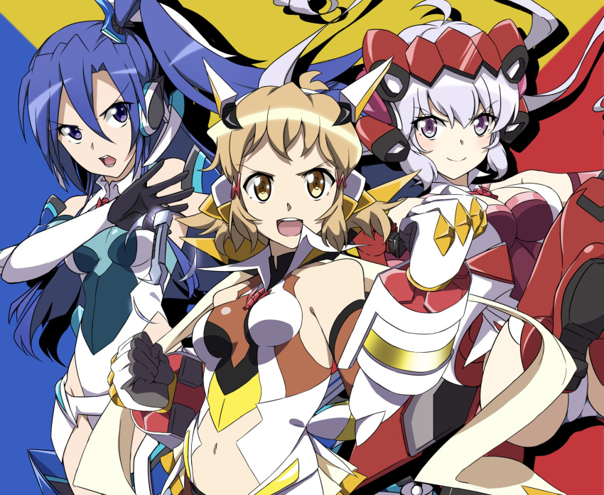 &gt;:) &gt;:d 3girls ahoge bare_shoulders blonde_hair bodysuit breasts cleavage dutch_angle elbow_gloves gloves hair_between_eyes highres kagari_leroy kazanari_tsubasa large_breasts long_hair medium_breasts multiple_girls navel senki_zesshou_symphogear short_hair side_ponytail smirk tachibana_hibiki_(symphogear) violet_eyes yukine_chris