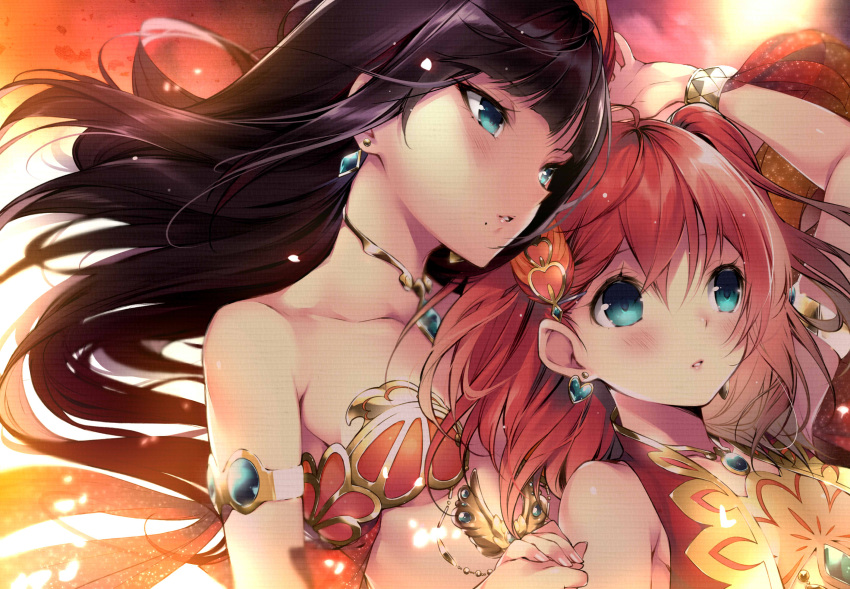 2girls aqua_eyes armlet armor bikini_armor black_hair blush bracelet breasts collarbone dancer diamond_earrings earrings floating_hair gem hand_holding hario_4 heart heart_earrings highres jewelry kurosawa_dia kurosawa_ruby long_hair looking_away looking_to_the_side love_live! love_live!_sunshine!! medium_hair multiple_girls necklace parted_lips redhead siblings sisters under_boob very_long_hair