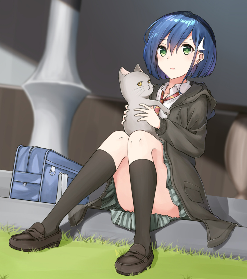 1girl animal bag black_footwear black_legwear blue_hair bob_cut cat collared_shirt convenient_leg darling_in_the_franxx dot_nose full_body grass green_eyes hair_between_eyes hair_ornament highres holding holding_animal holding_cat hood hood_down hoodie ichigo_(darling_in_the_franxx) jacket kneehighs knees_together_feet_apart loafers long_sleeves looking_at_viewer loose_necktie n2_(yf33) necktie open_clothes open_hoodie open_mouth outdoors parted_lips school_bag school_uniform shirt shoes short_hair sitting skirt striped_neckwear