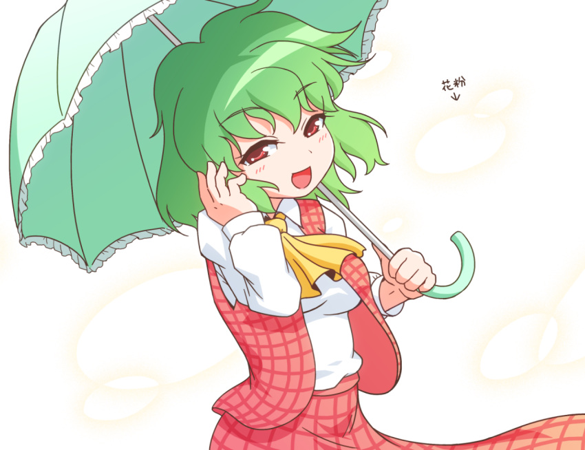 1girl :d ascot collared_shirt commentary_request directional_arrow eyebrows_visible_through_hair floating_hair green_hair half-closed_eyes hand_to_own_head hands_up holding holding_umbrella kazami_yuuka long_sleeves looking_at_viewer open_clothes open_mouth open_vest parasol plaid plaid_skirt plaid_vest red_eyes red_skirt red_vest shirt short_hair skirt skirt_lift skirt_set smile solo standing touhou translation_request umbrella unachika upper_body vest white_shirt wind wind_lift yellow_neckwear