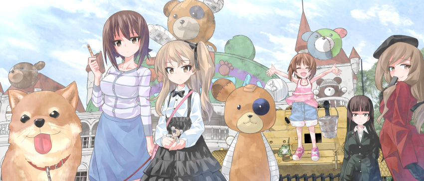 5girls :3 :d absurdres bandage bandaid bangs beret black_hat black_jacket black_neckwear black_pants black_ribbon black_suit blue_skirt blunt_bangs boko_(girls_und_panzer) bow bowtie bucket cast castle casual closed_eyes clouds cloudy_sky collar collared_shirt commentary_request day denim denim_shorts dog dress_shirt facing_viewer fan folding_fan formal from from_side girls_und_panzer ground_vehicle hair_ribbon hat high-waist_skirt highres holding holding_stuffed_animal inou_takashi jacket layered_skirt leash light_brown_eyes light_brown_hair light_frown long_hair long_sleeves looking_at_viewer low-tied_long_hair medium_skirt military military_vehicle mother_and_daughter motor_vehicle multiple_girls nishizumi_maho nishizumi_miho nishizumi_shiho open_mouth outdoors outstretched_arms pant_suit pants panzerkampfwagen_ii paw_print pink_footwear pink_shirt popsicle_stick railing red_jacket red_suit ribbon shiba_inu shimada_arisu shimada_chiyo shirt shoes short_hair shorts siblings side_ponytail sisters skirt skirt_suit sky smile sneakers spread_arms standing stuffed_animal stuffed_toy suit suspender_skirt suspenders tank tank_top teddy_bear tree white_shirt wing_collar younger