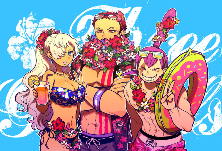 1girl 2boys abs areolae armband bare_chest bikini blonde_hair blue_eyes breasts brother_and_sister brothers carrying charlotte_cracker charlotte_katakuri charlotte_smoothie chest chest_tattoo cleavage closed_eyes closed_mouth collarbone covered_mouth crossed_arms cup drinking_glass drinking_straw earrings eyewear_on_head flower frilled_bikini frills grin hair_bun hair_flower hair_ornament hair_over_one_eye hand_in_pocket hand_up hands_up hawaiian_shirt highres holding holding_cup holding_drinking_glass innertube jewelry kinakotatu leaning_forward lei lips long_hair looking_at_another looking_at_viewer male_swimwear multiple_boys muscle navel necklace no_eyebrows one_piece open_clothes open_shirt ponytail purple_hair red_eyes redhead scar shirt short_hair siblings smile standing stitches stomach stomach_tattoo sunglasses swim_trunks swimsuit swimwear tan tattoo topless upper_body v wide_ponytail
