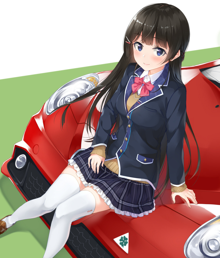 1girl alfa_romeo bangs black_hair blue_eyes blush bow bowtie breasts car ground_vehicle hair_ornament hairclip highres long_hair looking_at_viewer medium_breasts motor_vehicle namesake nijisanji school_uniform sitting solo thigh-highs tsukino_mito unasaka_ryou virtual_youtuber white_legwear zettai_ryouiki