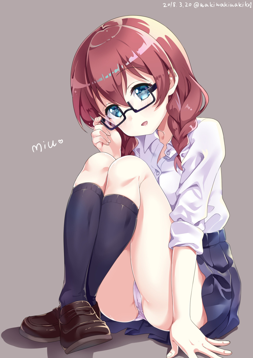 1girl :d absurdres amano_miu arm_support bangs black-framed_eyewear black_legwear black_skirt blend_s blue_eyes blush braid brown_background brown_footwear brown_hair character_name collarbone commentary_request dated dress_shirt eyebrows_visible_through_hair fingernails glasses hair_between_eyes hand_on_eyewear head_tilt heart highres kneehighs legs_crossed loafers long_hair long_sleeves looking_at_viewer neki_(wakiko) open_mouth panties pantyshot pantyshot_(sitting) pink_panties pleated_skirt semi-rimless_eyewear shirt shoes simple_background sitting skirt sleeves_rolled_up smile solo twitter_username under-rim_eyewear underwear white_shirt