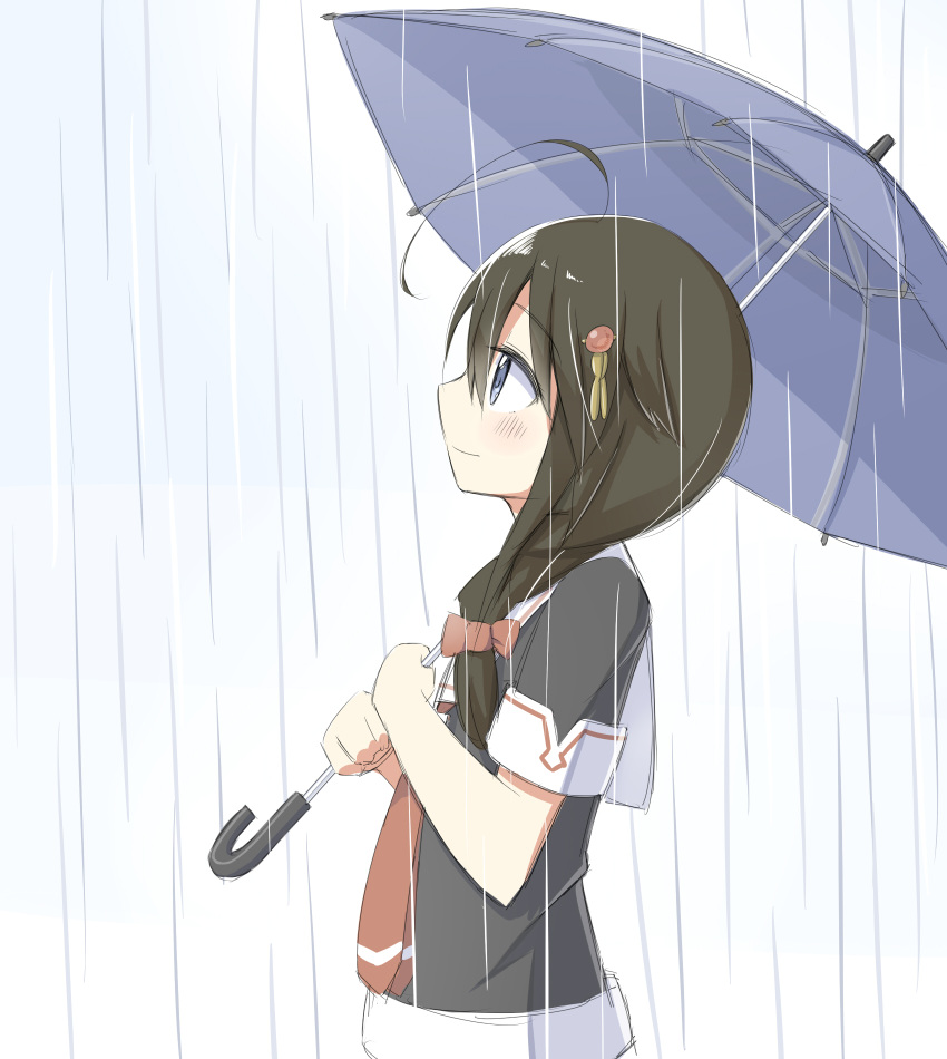 1girl ahoge ayanepuna bangs black_hair black_shirt blue_eyes blue_sky blue_umbrella blush bow braid brown_bow brown_neckwear closed_mouth day eyebrows_visible_through_hair hair_between_eyes hair_bow hair_over_shoulder highres holding holding_umbrella kantai_collection long_hair looking_away looking_up necktie outdoors profile rain sailor_collar school_uniform serafuku shigure_(kantai_collection) shirt short_sleeves sky smile solo umbrella white_sailor_collar