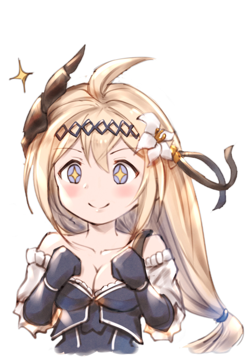 &gt;:) +_+ 1girl absurdres ahoge bangs bare_shoulders black_ribbon blonde_hair blue_dress blue_eyes blue_gloves blush breasts cleavage closed_mouth collarbone detached_sleeves dress elbow_gloves eyebrows_visible_through_hair flower gloves granblue_fantasy hair_between_eyes hair_flower hair_ornament hair_ribbon highres horns jeanne_d'arc_(granblue_fantasy) long_hair long_sleeves low-tied_long_hair medium_breasts milli_little ribbon simple_background smile solo v-shaped_eyebrows very_long_hair white_background white_flower
