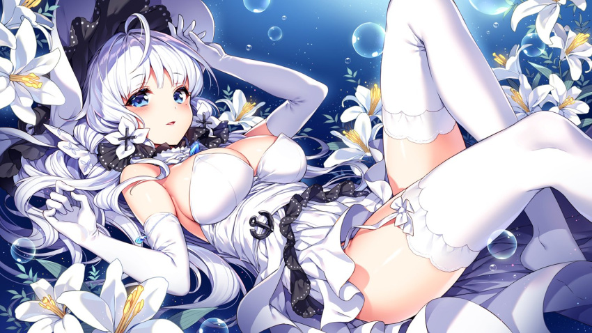 1girl anchor azur_lane bangs bare_shoulders blue_eyes blush breasts bubble cleavage commentary detached_collar dress elbow_gloves eyebrows_visible_through_hair flower garter_straps gloves hat illustrious_(azur_lane) large_breasts long_hair looking_at_viewer lying mole mole_under_eye nardack on_back parted_lips short_dress simple_background solo strapless strapless_dress thigh-highs very_long_hair white_dress white_gloves white_hair white_legwear