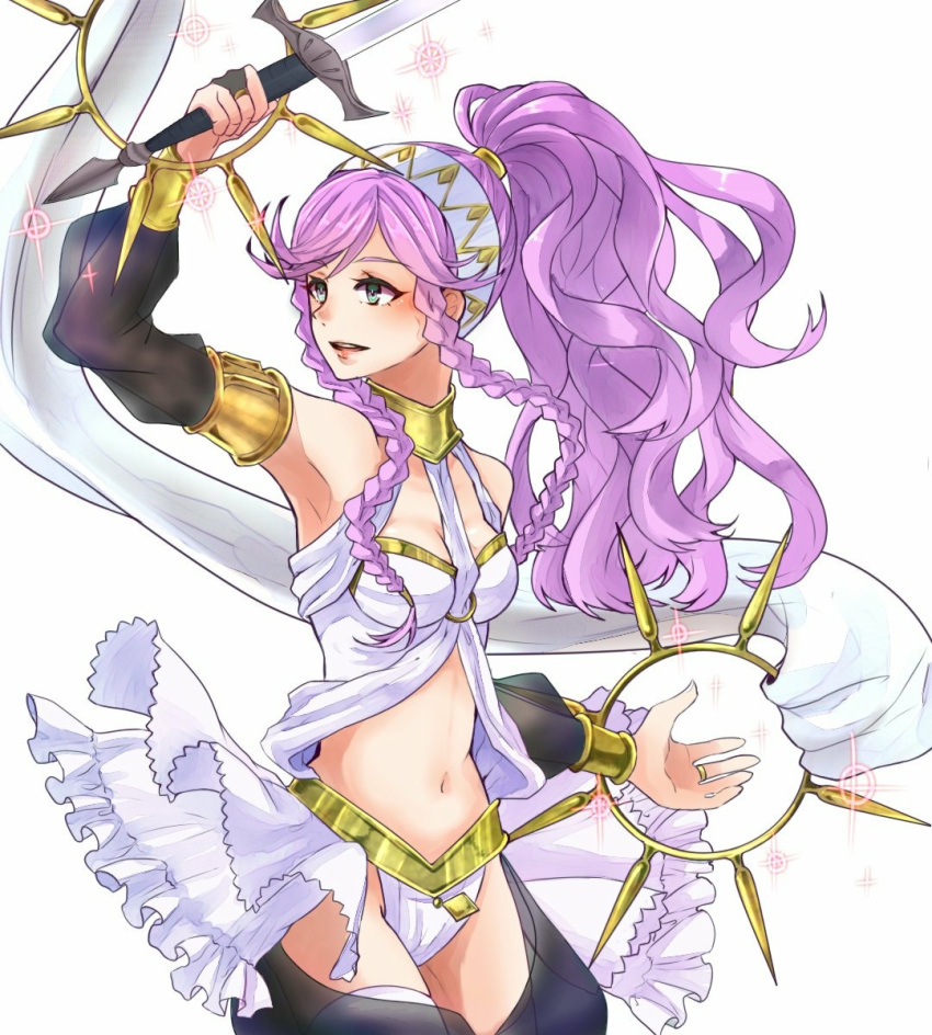 aqua_eyes bare_shoulders braid breasts cleavage cowboy_shot dancer dress fire_emblem fire_emblem_heroes hairband highres long_hair medium_breasts midriff navel olivia_(fire_emblem) open_mouth pink_hair ponytail sash see-through simple_background spiked_ring sword twin_braids tyotto_ko_i weapon white_background