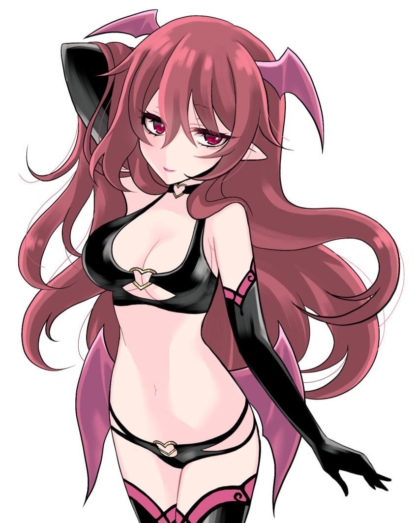 1girl bikini black_legwear blush breasts brown_hair carrie_alberta cleavage commentary demon_girl elbow_gloves gloves head_wings highres lipstick long_hair looking_at_viewer makeup navel pointy_ears pop-up_story red_eyes smile solo succubus swimsuit thigh-highs yaka_(ir_mc8a)