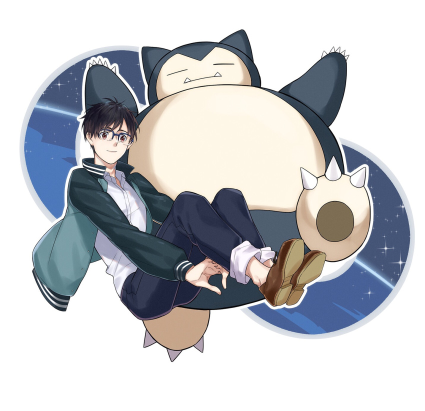 1boy al_(ahr) black_hair blue-framed_eyewear brown_eyes collared_shirt denim fangs glasses highres jacket jeans katsuki_yuuri male_focus pants pokemon pokemon_(creature) shirt smile snorlax yuri!!!_on_ice