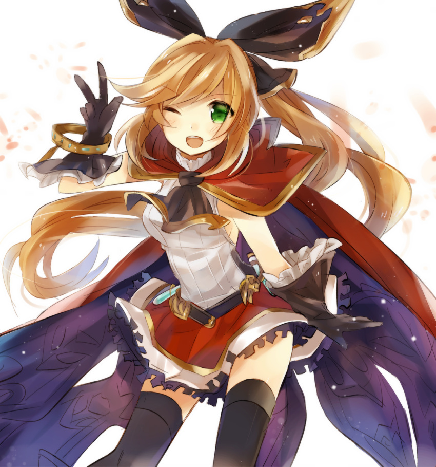 1girl absurdres aqua_eyes armpits artist_request black_gloves black_legwear black_ribbon bracelet brown_hair cape clarisse_(granblue_fantasy) gloves granblue_fantasy green_eyes hair_ribbon highres jewelry long_hair one_eye_closed orange_hair ponytail ribbon sleeveless solo test_tube thigh-highs v