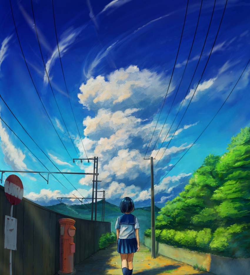 1girl arms_at_sides black_hair blue_legwear blue_sky clouds day facing_away feet_out_of_frame fence highres kneehighs kyarage_(soda) original outdoors pleated_skirt postbox power_lines road_sign rural scenery school_uniform serafuku short_sleeves sign skirt sky solo standing summer wooden_fence