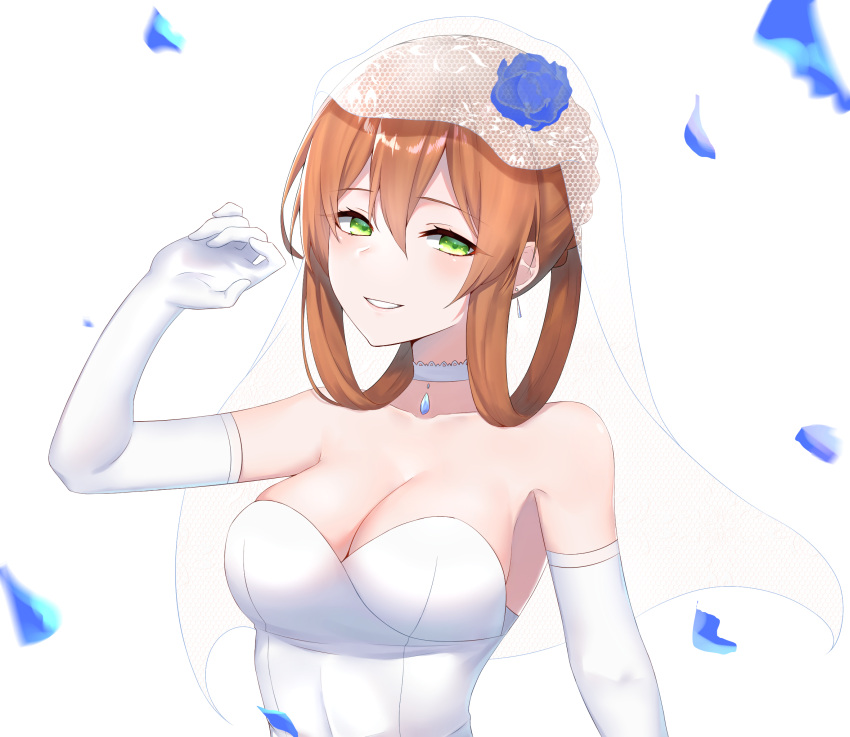 1girl alternate_costume alternate_hairstyle arm_up bangs bare_shoulders blush breasts bridal_veil brown_hair choker cleavage collarbone dress earrings elbow_gloves eyebrows_visible_through_hair eyes_visible_through_hair flower girls_frontline gloves green_eyes hair_between_eyes hair_flower hair_ornament hair_rings half-closed_eyes hand_up highres jewelry kuki_panda_(wkdwnsgk13) large_breasts long_hair looking_at_viewer m1903_springfield_(girls_frontline) open_mouth pendant petals ribbon sidelocks simple_background smile solo strapless strapless_dress veil wedding_dress white_background white_dress