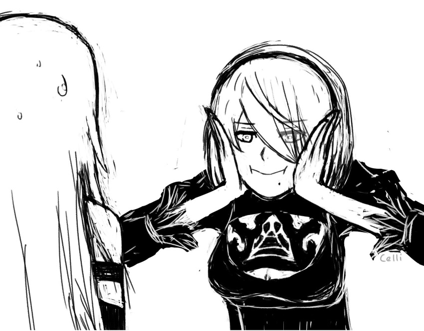 cellix hands_on_own_cheeks hands_on_own_face nier_(series) nier_automata smile sweatdrop violet_evergarden yorha_no._2_type_b yorha_type_a_no._2