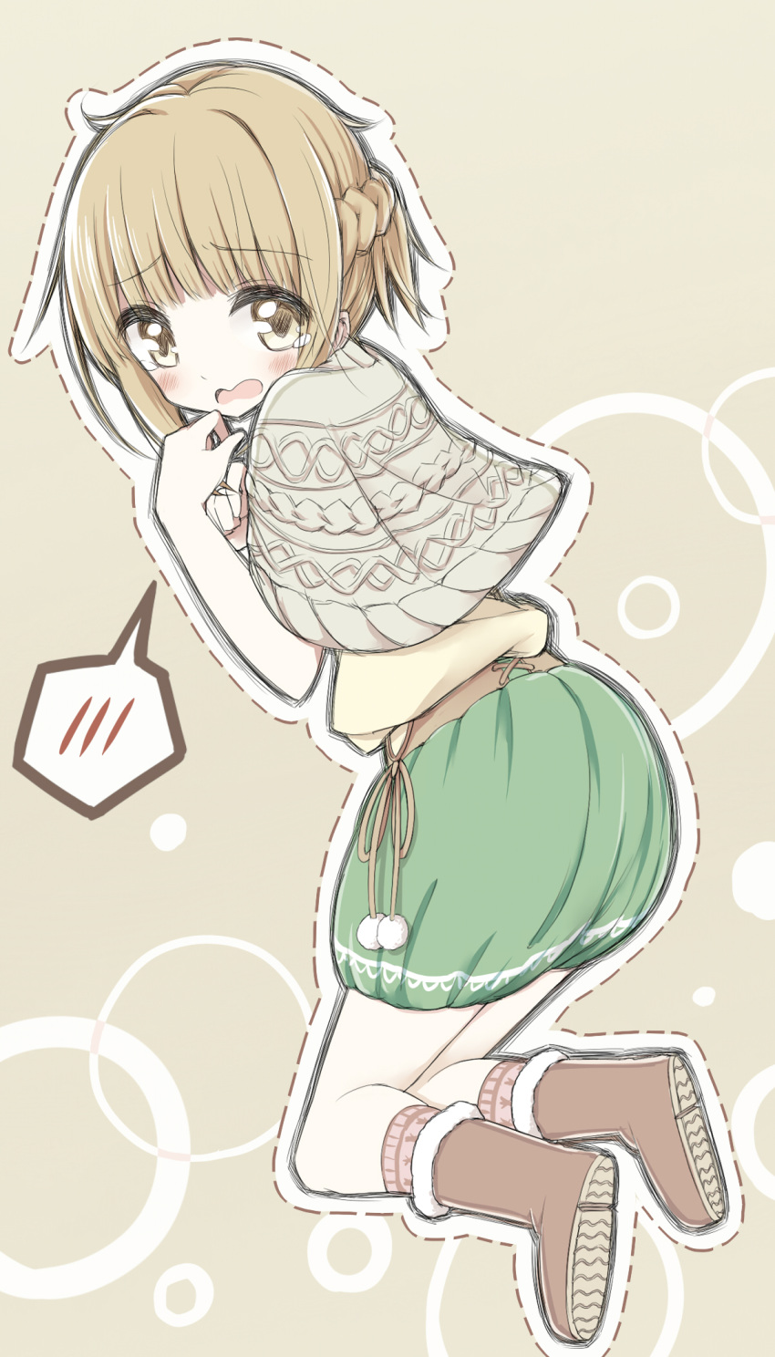 1girl ayanepuna bangs blush brown_background brown_capelet brown_eyes brown_footwear brown_legwear brown_shirt capelet dotted_line eyebrows_visible_through_hair fur-trimmed_boots fur_trim green_skirt hands_up highres kneehighs light_brown_hair looking_at_viewer looking_to_the_side open_mouth outline pom_pom_(clothes) shirt skirt solo spoken_blush tears tokyo_7th_sisters tsunomori_rona