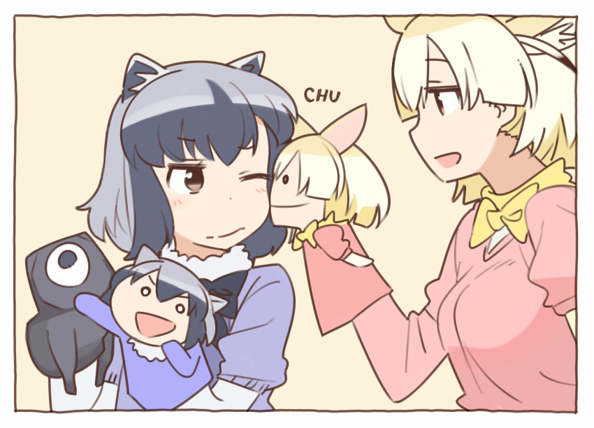 2girls animal_ears black_cerulean_(kemono_friends) black_hair blonde_hair blue_hair blush bow bowtie cheek_kiss common_raccoon_(kemono_friends) elbow_gloves eyebrows_visible_through_hair fennec_(kemono_friends) fox_ears fur_collar gloves grey_hair hand_puppet kasa_list kemono_friends kiss multicolored_hair multiple_girls one_eye_closed puffy_short_sleeves puffy_sleeves puppet raccoon_ears short_hair short_sleeves