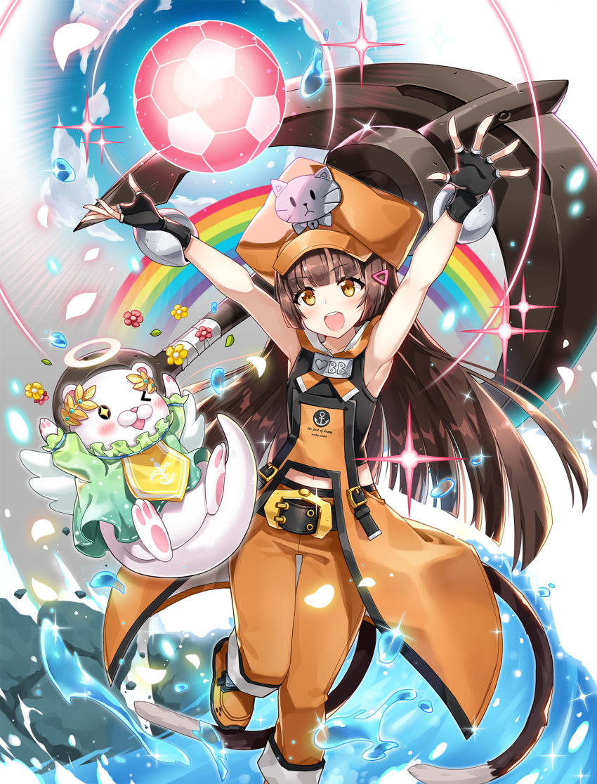 &gt;_o 1girl anchor armpits ball bangs belt_buckle black_hair blunt_bangs brown_eyes brown_hair buckle eyebrows_visible_through_hair fingerless_gloves flat_chest gloves guilty_gear hair_ornament hairclip hat highres long_hair may_(guilty_gear) one_eye_closed open_mouth orange_hat otter outstretched_arms pirate_hat rainbow sailor_collar serin199 solo_focus sparkle splashing water