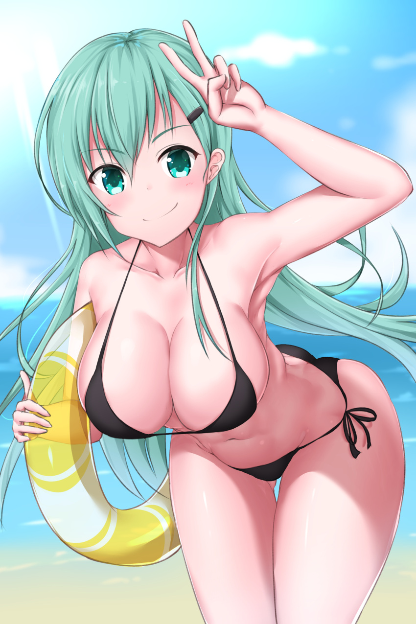 1girl aqua_eyes aqua_hair ass beach bikini black_bikini breasts cleavage collarbone day gluteal_fold hair_ornament hairclip highres inflatable_toy kantai_collection kirikan large_breasts leaning_forward long_hair looking_at_viewer navel outdoors side-tie_bikini skindentation smile solo suzuya_(kantai_collection) swimsuit twisted_torso v