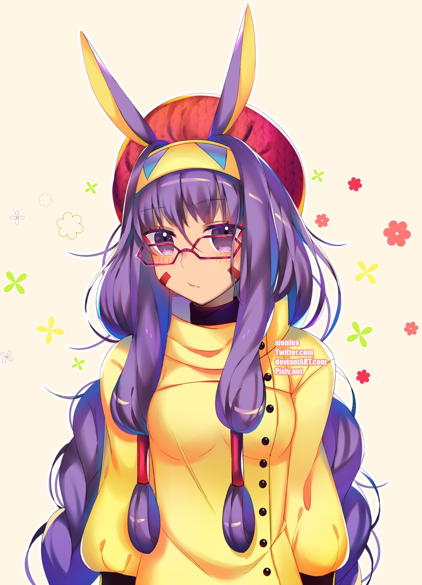 1girl animal_ears blush breasts closed_mouth dark_skin eyebrows_visible_through_hair fate/grand_order fate_(series) glasses hairband highres long_hair looking_at_viewer medium_breasts nitocris_(fate/grand_order) purple_hair rabbit_ears solo type-moon very_long_hair violet_eyes xionfes