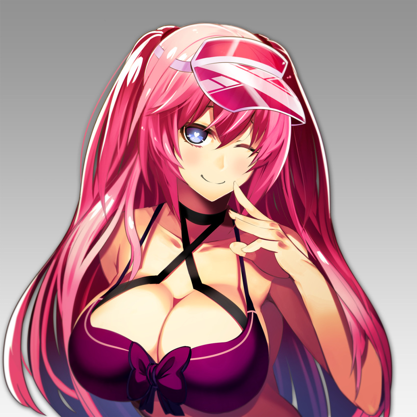 1girl blue_eyes breasts cleavage hat heart heart-shaped_pupils highres large_breasts long_hair looking_at_viewer nirai_kanai one_eye_closed original pink_hair smile solo symbol-shaped_pupils twintails upper_body visor_cap