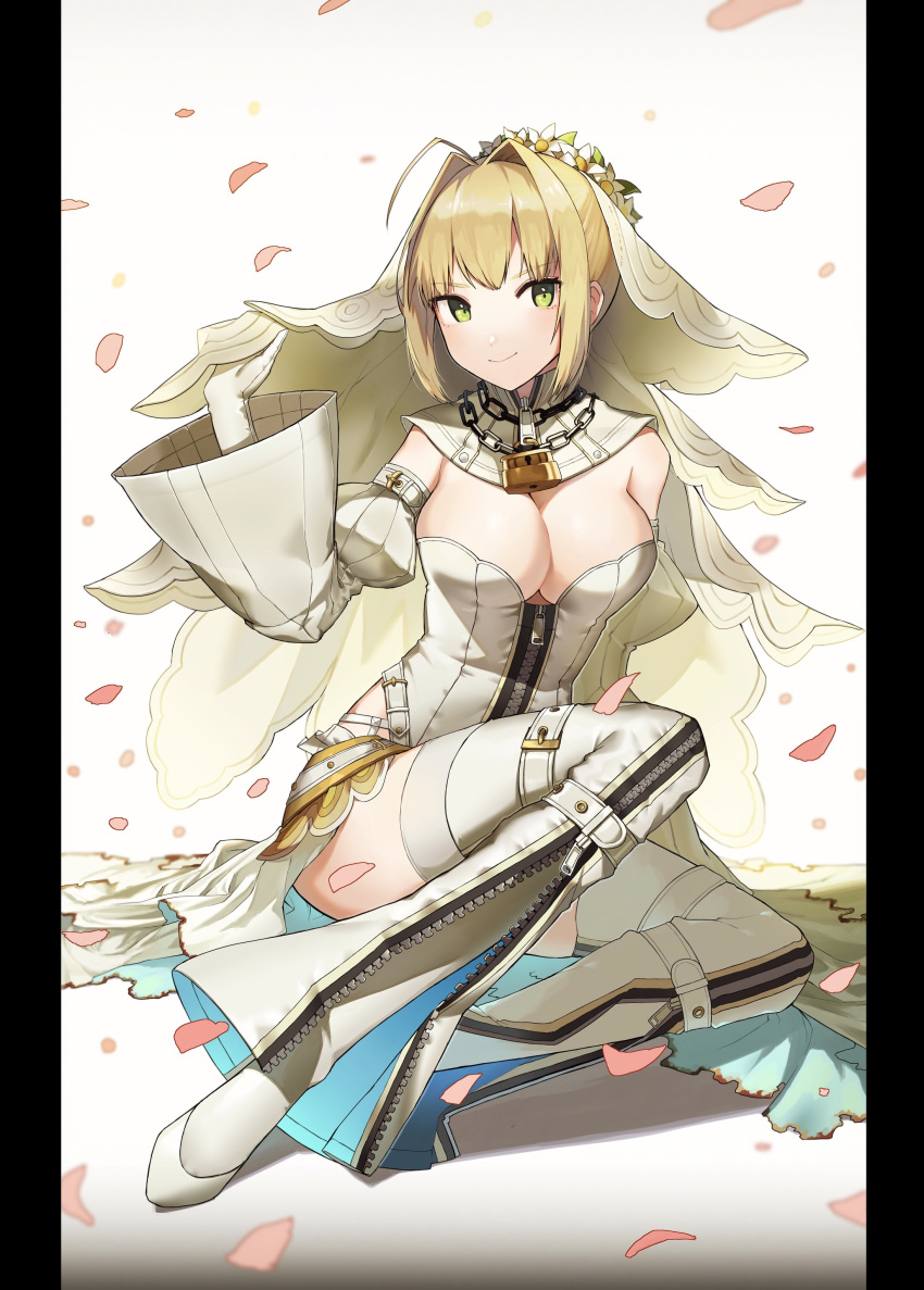 absurdres ahoge bodysuit bridal_veil center_opening chains fate/extra fate/grand_order fate_(series) full-length_zipper hair_intakes head_wreath highres leotard lock nero_claudius_(bride)_(fate) nero_claudius_(fate) nero_claudius_(fate)_(all) padlock shiba_inu_(happy13227) veil white_bodysuit white_leotard zipper zipper_pull_tab