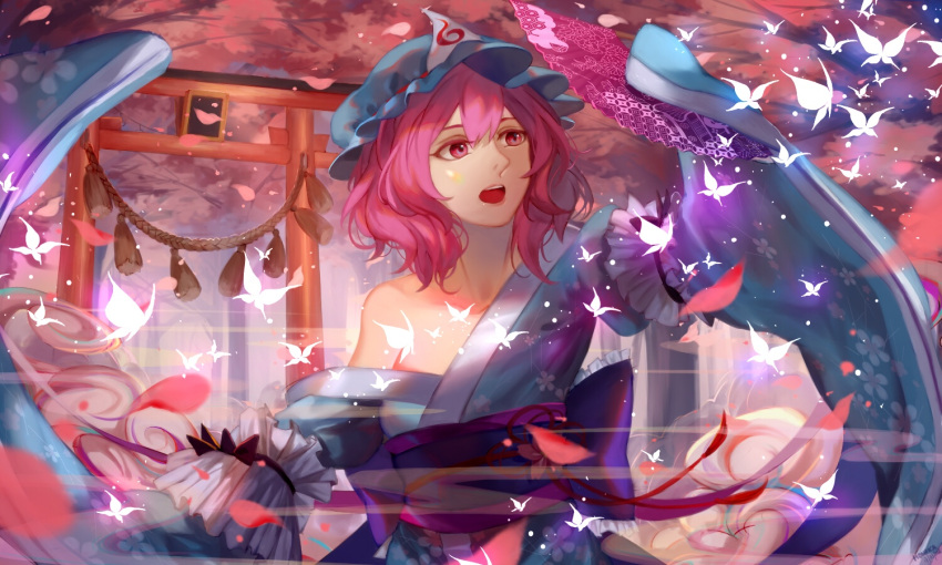1girl arm_garter bare_shoulders blue_hat blue_kimono butterfly cherry_blossoms commentary_request fan floral_print hair_between_eyes hat holding holding_fan japanese_clothes kimono long_sleeves mob_cap obi off_shoulder open_mouth petals pink_eyes pink_hair rope saigyouji_yuyuko saigyouji_yuyuko's_fan_design sash shimenawa short_hair sleeves_past_wrists solo torii touhou triangular_headpiece upper_body wide_sleeves ze_xia