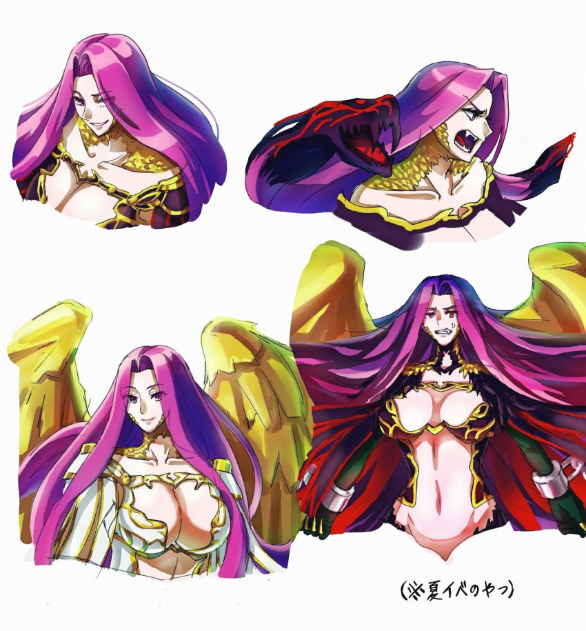 1girl breasts chains cleavage cuffs fangs fate/grand_order fate_(series) forehead fuchino gorgon_(fate) grin highres large_breasts long_hair looking_at_viewer multiple_views navel purple_hair rider scales shackles smile snake_hair sweatdrop translation_request upper_body very_long_hair violet_eyes white_background wings