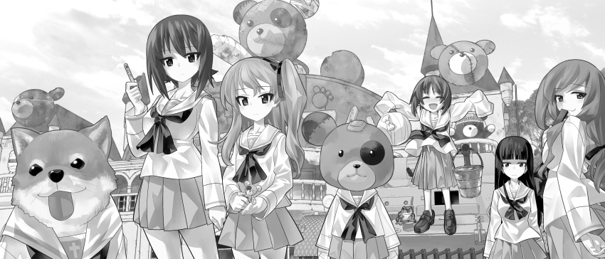 5girls :3 :d absurdres alternate_costume bandage bandaid bangs blouse blunt_bangs boko_(girls_und_panzer) bucket cast castle closed_eyes clouds cloudy_sky dog facing_viewer fan folding_fan from from_side girls_und_panzer greyscale ground_vehicle highres holding holding_stuffed_animal inou_takashi light_frown loafers long_hair long_sleeves looking_at_viewer low-tied_long_hair military military_vehicle miniskirt monochrome mother_and_daughter motor_vehicle multiple_girls neckerchief nishizumi_maho nishizumi_miho nishizumi_shiho no_legwear ooarai_school_uniform open_mouth outdoors outstretched_arms oversized_clothes panzerkampfwagen_ii paw_print pleated_skirt popsicle_stick railing school_uniform serafuku shiba_inu shimada_arisu shimada_chiyo shoes short_hair siblings sisters skirt sky sleeves_past_wrists smile spread_arms standing stuffed_animal stuffed_toy tank teddy_bear tree younger