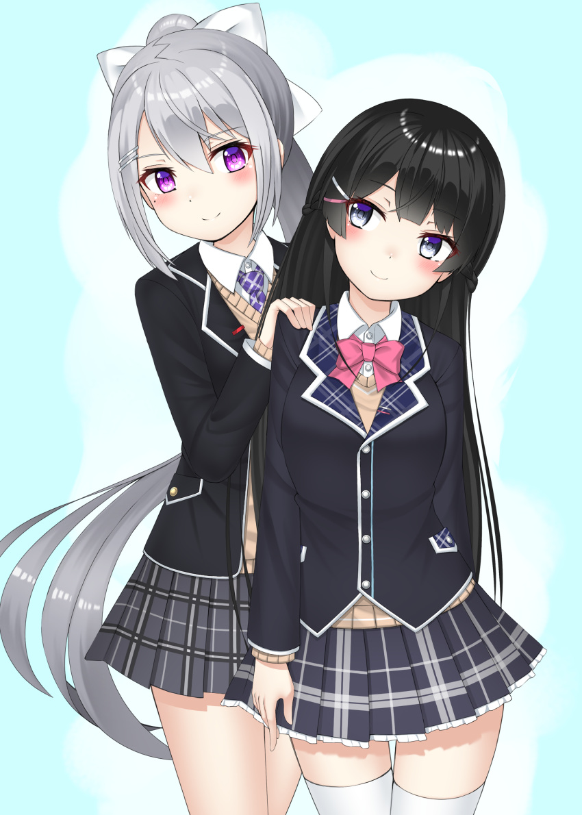 2girls absurdres black_hair blue_background blush bow bowtie braid commentary_request cowboy_shot eyebrows_visible_through_hair grey_eyes hair_between_eyes hair_bow hair_ornament hairclip hand_on_another's_shoulder highres higuchi_kaede kakutasu_(akihiron_cactus) long_hair mole mole_under_eye multicolored multicolored_eyes multiple_girls nijisanji pink_bow pink_neckwear plaid pleated_skirt ponytail school_uniform silver_hair simple_background skirt smile thigh-highs tsukino_mito very_long_hair violet_eyes virtual_youtuber white_background