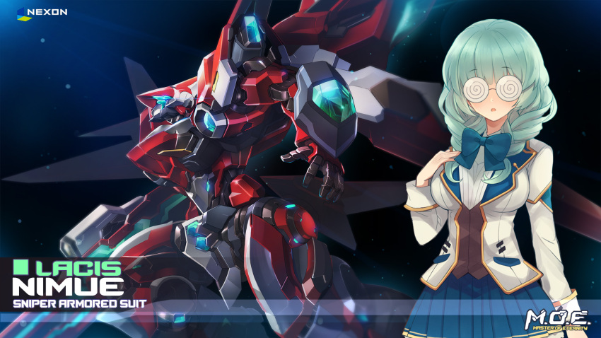1girl bow bowtie breasts character_name company_name copyright_name eyebrows eyebrows_visible_through_hair frilled_skirt frills glasses gun hand_on_own_chest highres jacket lacis_(master_of_eternity) large_breasts light_blue_hair master_of_eternity mecha nexon nimue_(master_of_eternity) official_art open_mouth rifle shirt side_braids skirt sleeve_cuffs sparkle striped striped_shirt swirls thrusters uniform wallpaper weapon