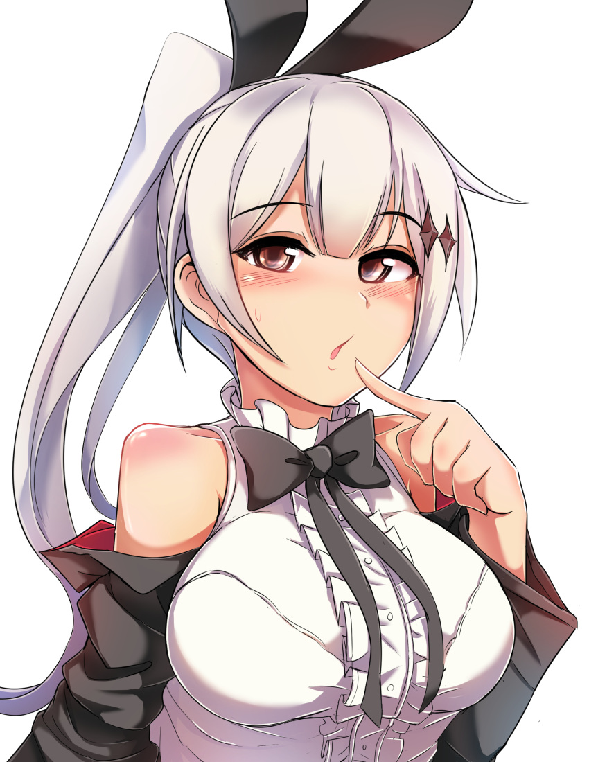 1girl absurdres bangs bare_shoulders black_bow black_jacket black_ribbon blush bow bowtie breasts brown_eyes buttons center_frills eyebrows_visible_through_hair finger_to_mouth five-seven_(girls_frontline) frilled_shirt_collar frills girls_frontline hair_ornament hair_ribbon high_ponytail highres jacket large_breasts long_hair long_sleeves looking_at_viewer open_clothes parted_lips ponytail ribbon shirt shoulder_blush sidelocks silver_hair simple_background sleeveless sleeveless_shirt solo upper_body white_background white_shirt yellowseeds