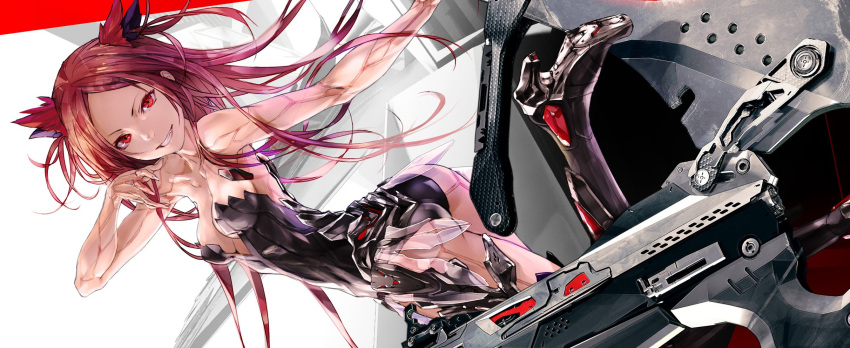1girl android armpits bangs bare_shoulders beatless black_legwear blue_eyes bodysuit boots breasts cleavage collarbone floating_hair grin hand_up high_heel_boots high_heels highres huge_weapon kouka_(beatless) long_hair looking_at_viewer medium_breasts outstretched_arm parted_bangs parted_lips red_eyes redhead redjuice robot_joints science_fiction sideboob sidelocks smile solo thigh-highs thigh_boots very_long_hair weapon