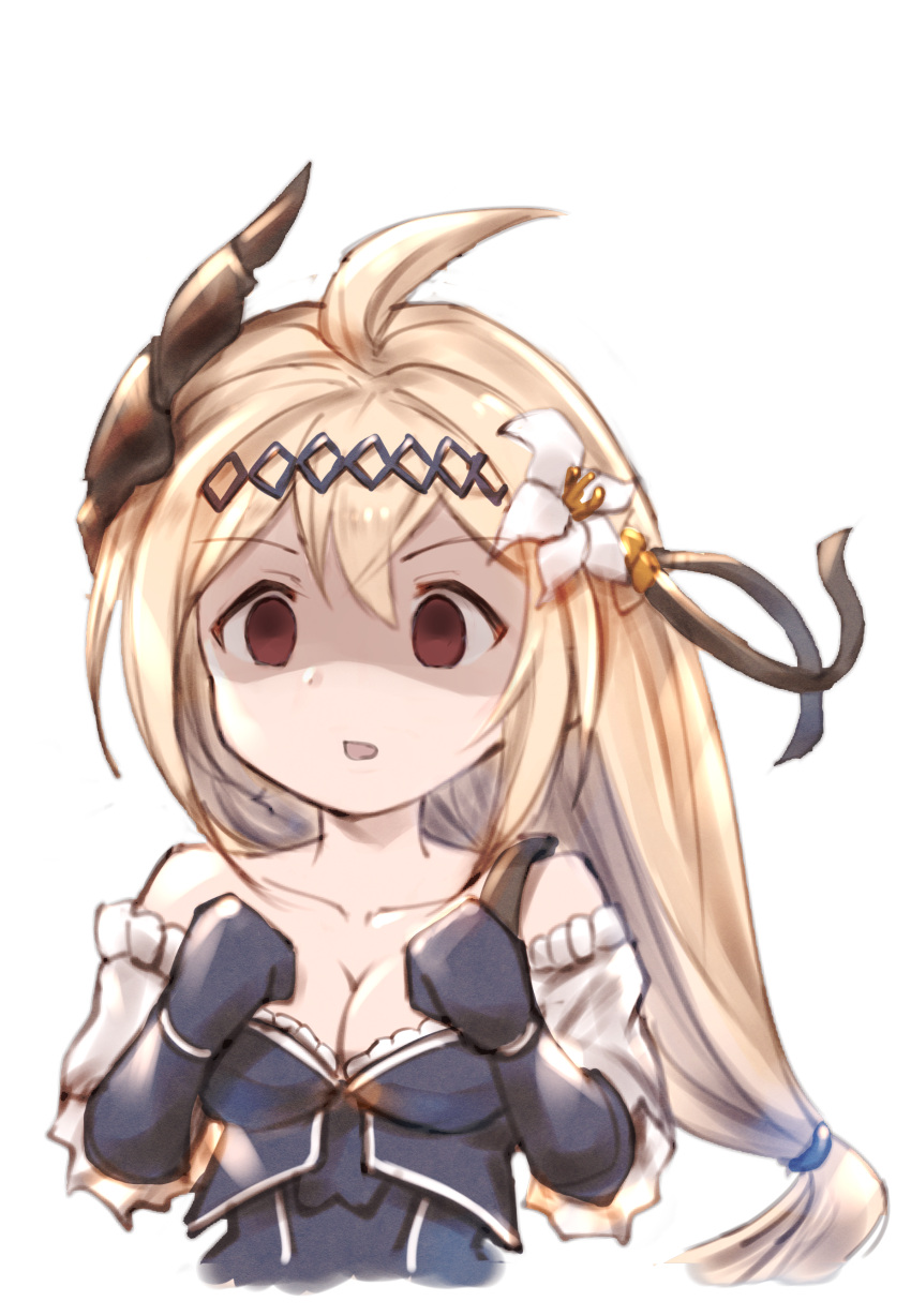 1girl absurdres ahoge bangs bare_shoulders black_ribbon blonde_hair blue_dress blue_gloves blush breasts brown_eyes cleavage collarbone detached_sleeves dress elbow_gloves em empty_eyes eyebrows_visible_through_hair flower gloves granblue_fantasy hair_between_eyes hair_flower hair_ornament hair_ribbon highres horns jeanne_d'arc_(granblue_fantasy) long_hair long_sleeves low-tied_long_hair medium_breasts milli_little parted_lips ribbon shaded_face simple_background solo very_long_hair white_background white_flower