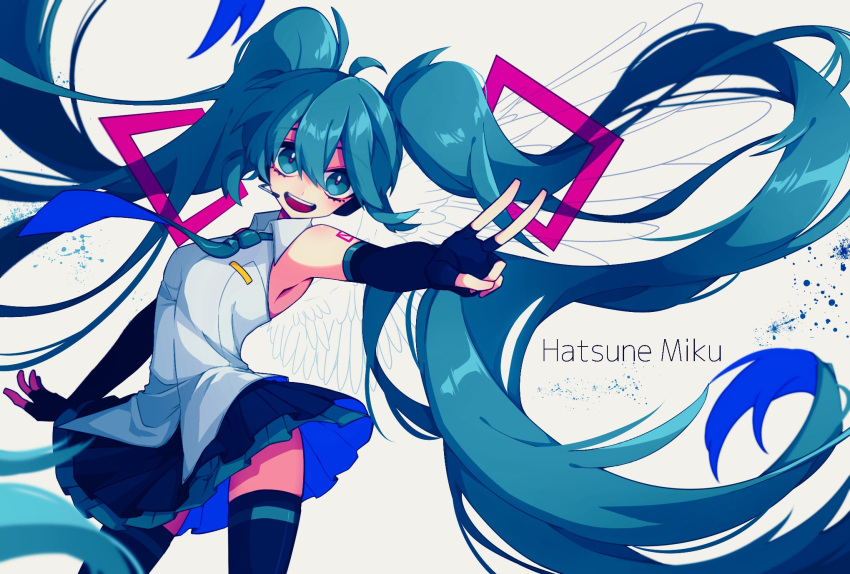1girl absurdly_long_hair aqua_eyes aqua_hair character_name elbow_gloves fingerless_gloves gloves halgase hatsune_miku headset highres long_hair necktie open_mouth outstretched_arm pleated_skirt skirt solo thigh-highs twintails v very_long_hair vocaloid white_background wings