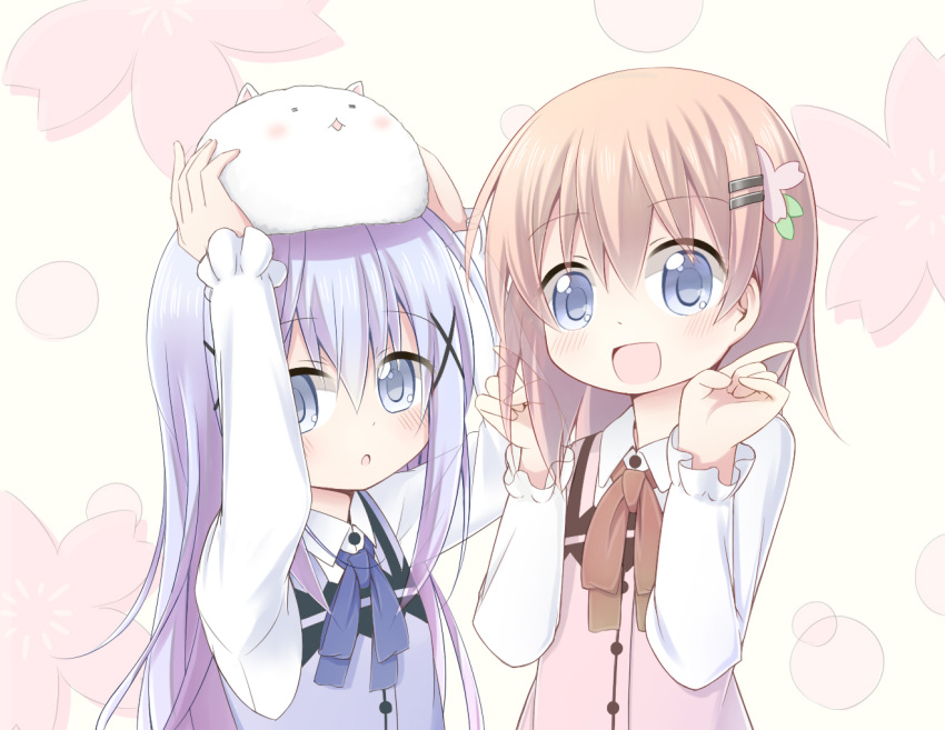 2girls :d :o angora_rabbit animal animal_on_head arms_up ayanepuna bangs beige_background blue_bow blue_eyes blue_hair blue_vest blush bow brown_bow collared_shirt commentary_request eyebrows_visible_through_hair fingernails gochuumon_wa_usagi_desu_ka? hair_between_eyes hair_ornament hairclip hands_up hoto_cocoa index_finger_raised kafuu_chino light_brown_hair long_sleeves looking_at_viewer multiple_girls on_head open_mouth parted_lips pink_vest rabbit rabbit_house_uniform shirt smile tippy_(gochiusa) uniform vest white_shirt x_hair_ornament