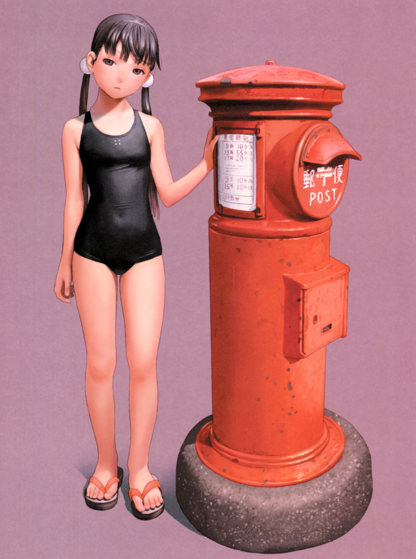 1girl absurdres arm_at_side bangs bare_arms bare_legs bare_shoulders black_eyes black_hair black_swimsuit blunt_bangs breasts closed_mouth covered_navel expressionless feet flip-flops full_body futuregraph hair_ornament head_tilt highres japanese_cylindrical_postbox japanese_postal_mark long_hair looking_at_viewer low_twintails murata_renji one-piece_swimsuit pink_background postbox purple_background sandals scan simple_background small_breasts solo standing swimsuit text toes twintails