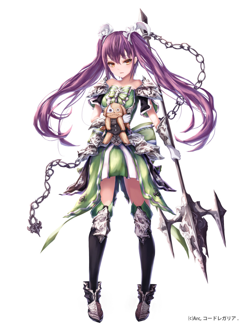 1girl absurdres brown_eyes chains dress full_body gloves green_dress h2o_(dfo) highres holding holding_weapon long_hair looking_at_viewer original polearm purple_hair solo stuffed_animal stuffed_dog stuffed_toy thigh-highs trident twintails watermark weapon white_gloves