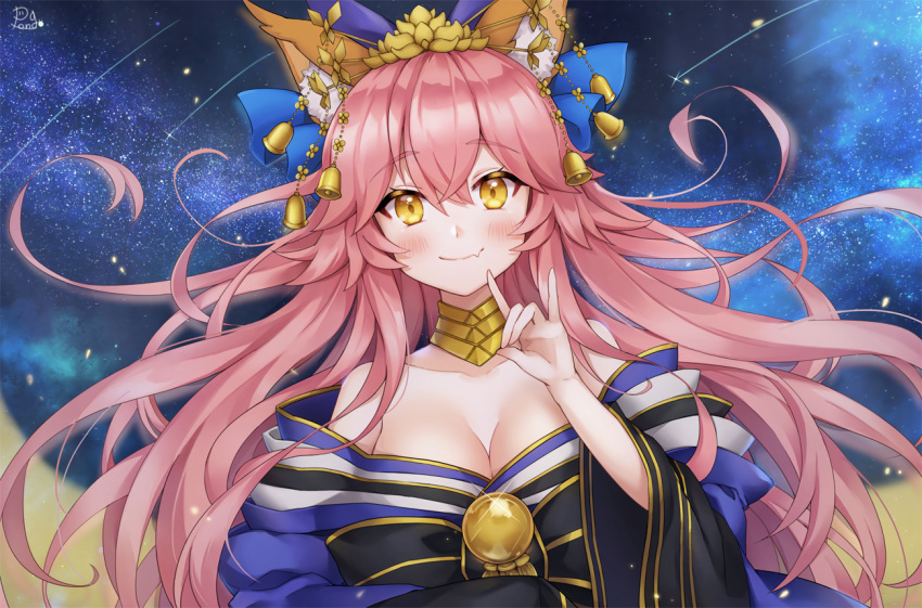 1girl animal_ears bell breasts cleavage collarbone fang fate/extra fate/grand_order fate_(series) fox_ears fox_shadow_puppet fox_tail japanese_clothes large_breasts long_hair looking_at_viewer multiple_tails night night_sky off_shoulder pink_hair pong_(vndn124) sky solo star star_(sky) starry_sky tail tamamo_(fate)_(all) tamamo_no_mae_(fate) very_long_hair yellow_eyes