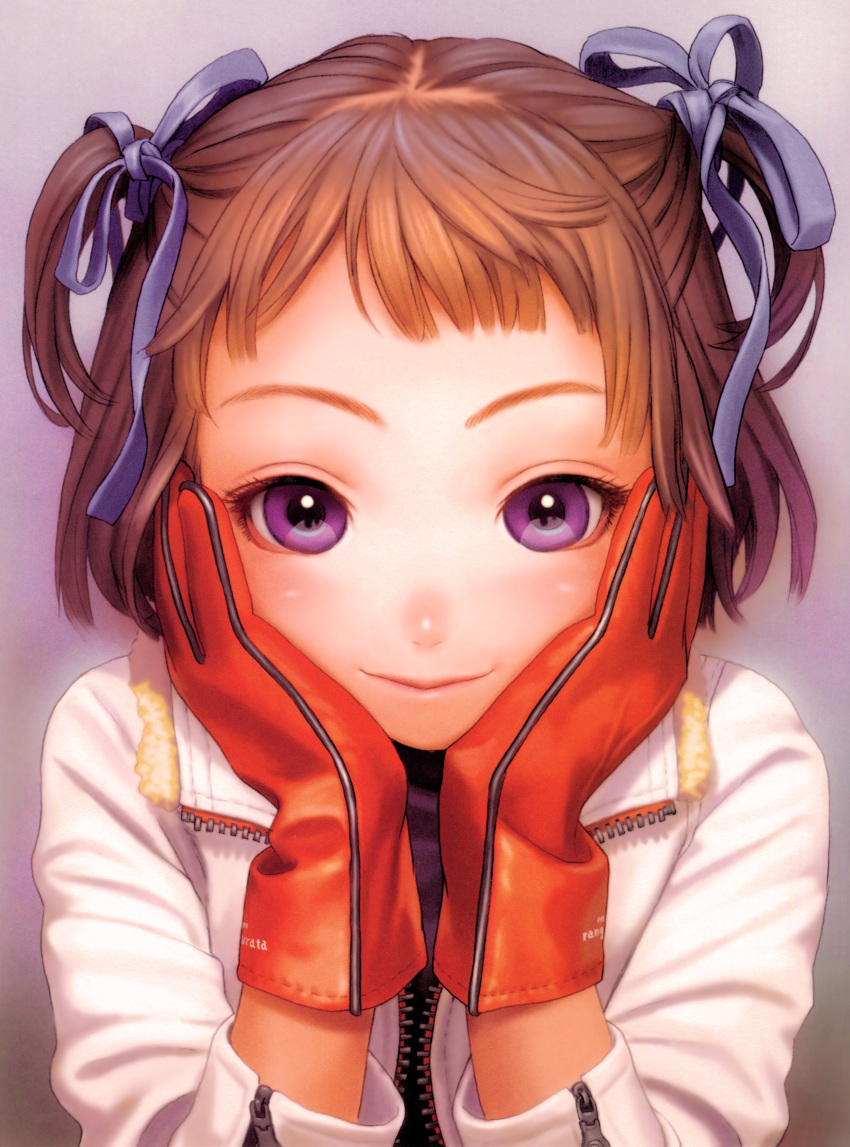 1girl absurdres artist_name blush close-up clothes_writing eyebrows face forehead fur-trimmed_jacket fur_trim gloves gradient gradient_background hair_ribbon hands_on_own_cheeks hands_on_own_face highres jacket last_exile lips long_sleeves looking_at_viewer murata_renji nose_blush open_clothes open_jacket purple_background purple_ribbon red_gloves ribbon scan short_hair smile solo two_side_up unzipped upper_body white_jacket zipper