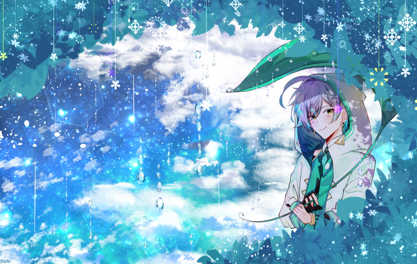 1boy ahoge ainchase_ishmael blush_stickers clouds cloudy_sky colored earrings elsword eyebrows_visible_through_hair gloves green_eyes grey_hair highres hood jewelry leaf_umbrella light_blue_hair multicolored_hair plant pluto(zrxh3322) rain single_glove sky smile snowflakes solo two-tone_hair