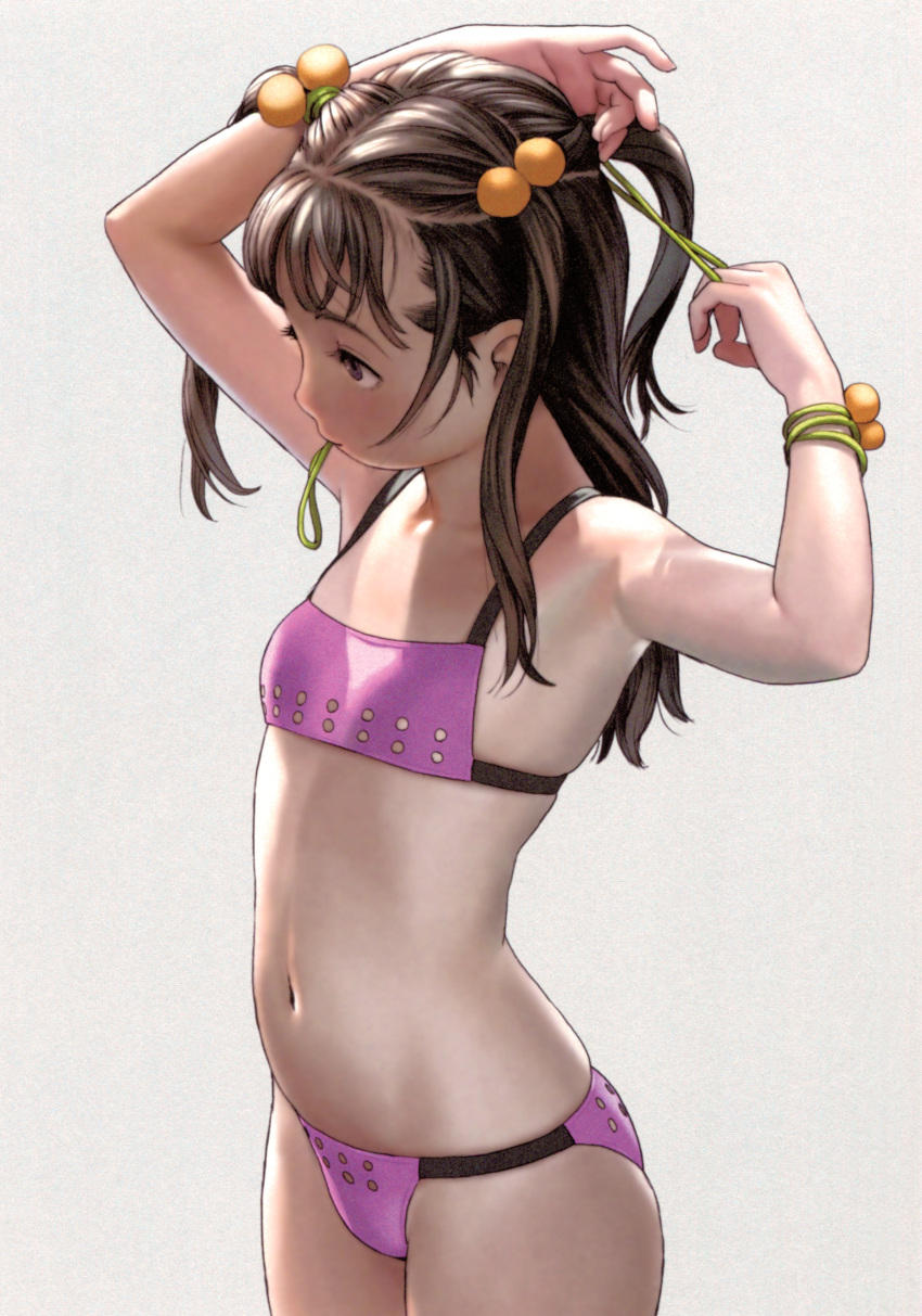 1girl absurdres adjusting_hair armpits arms_up bangs bikini black_hair blush bracelet brown_eyes copyright_request cowboy_shot flat_chest grey_background hair_bobbles hair_ornament hair_tie highres jewelry mouth_hold murata_renji navel original pink_bikini realistic simple_background skindentation solo standing stomach swimsuit tan twintails tying_hair